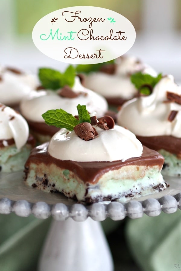 Frozen Mint Chocolate Dessert-a perfect last course for a dinner party or family dinner. Oreo crust layered with mint chocolate ice cream & whipped topping. Simply Sated