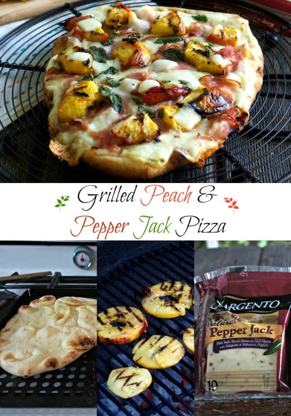 Grilled Peach & Pepper Jack Pizza (EASY) flatbread topped with Sargento Pepper Jack & Provolone Cheese slices, grilled peaches, deli ham, basil & honey. Simply Sated