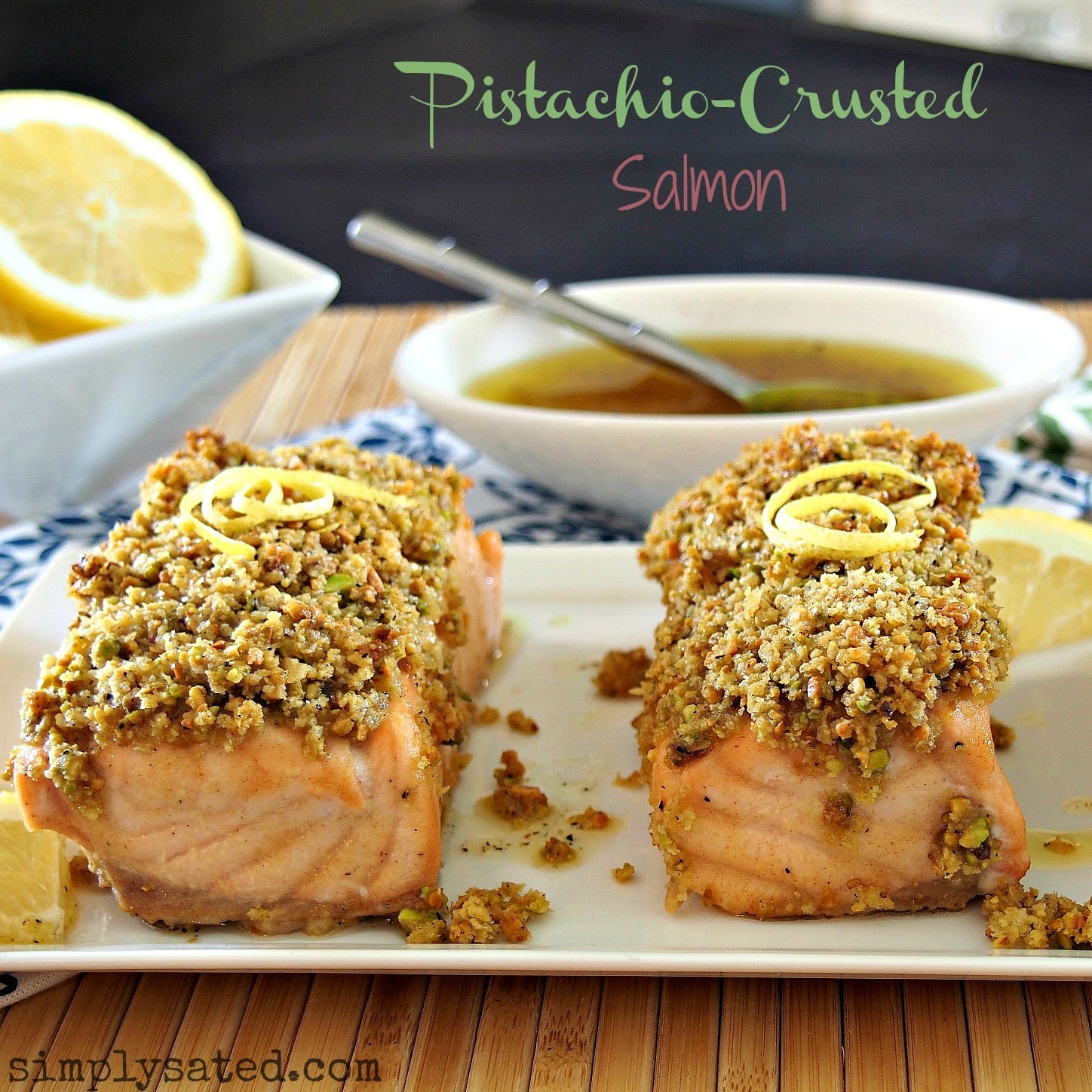 Salmon topped with a honey, lemon glaze then topped with a mixture of pistachios & panko crumbs.  So delicious and satisfying.