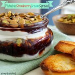 Pistachio Strawberry Cream Spread. Toasted pistachios, strawberry jam & cream cheese is a delicious sweet, salty creamy party or crowd pleaser. Spread on crostini or crackers for the perfect snach anytime.