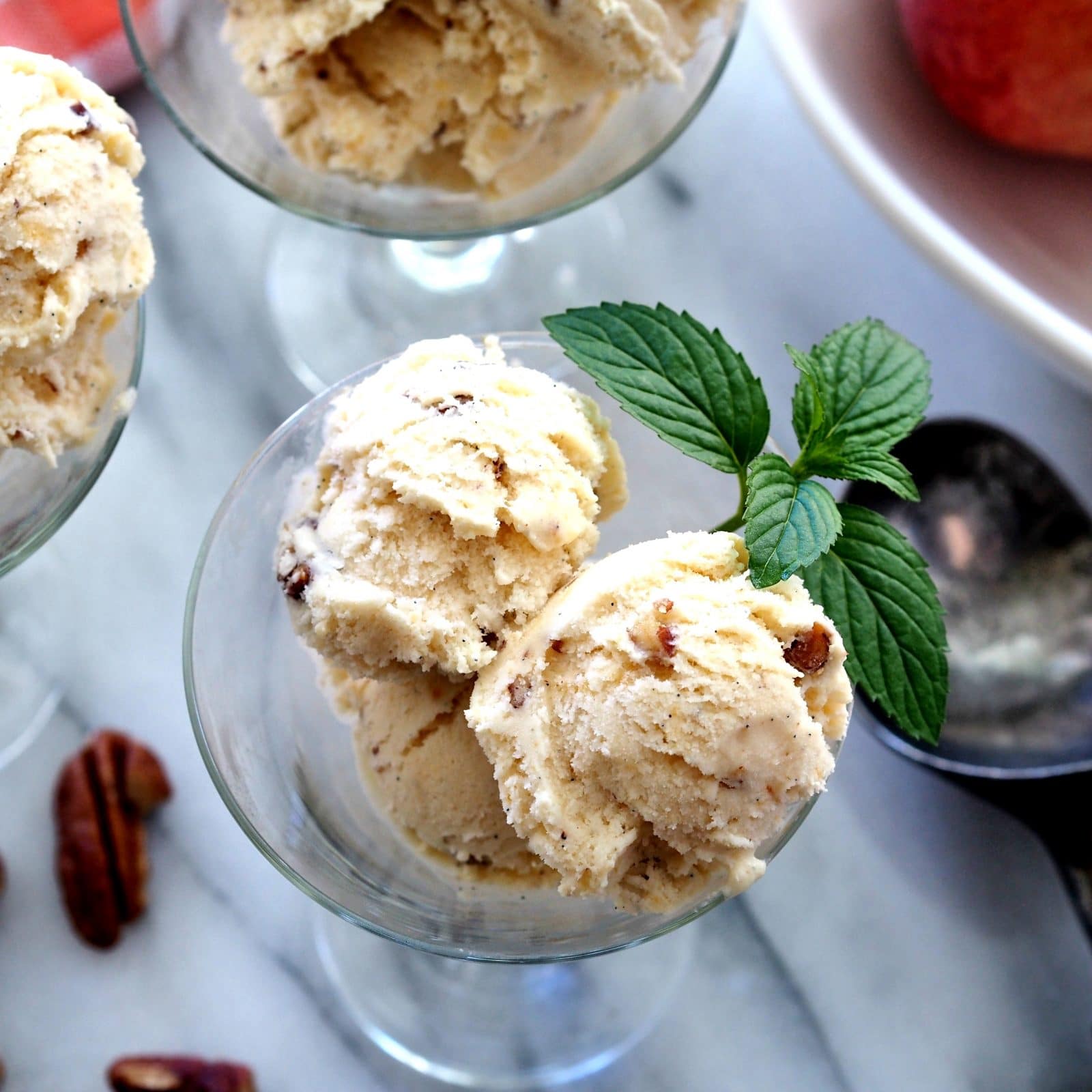 Butter Pecan Peach Ice Cream is peachy, crunchy, creamy, salty and sweet. It has something for everyone. www.simplysated.com