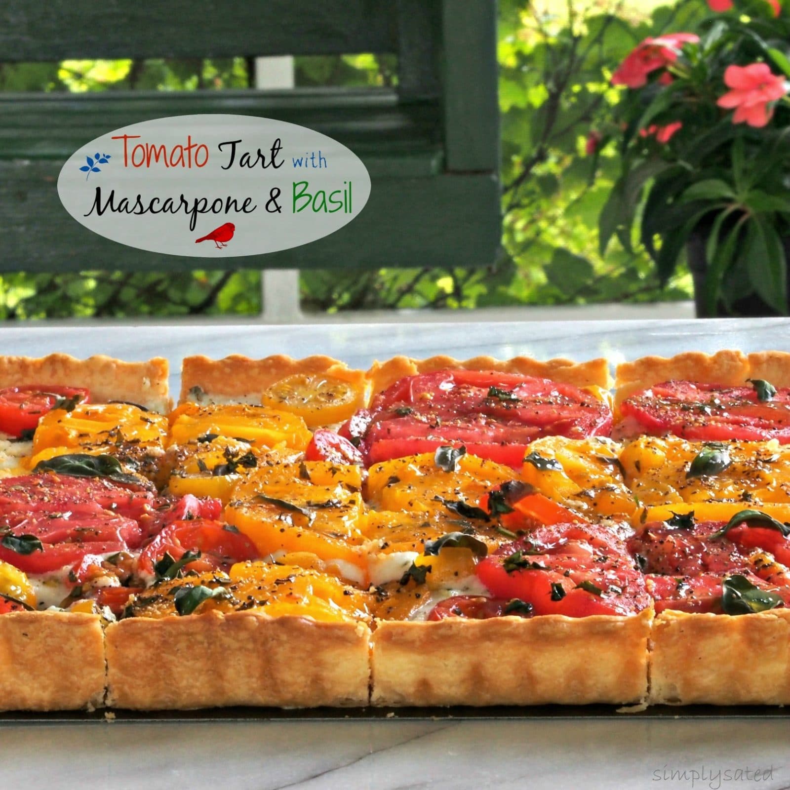 Tomato Tart with Mascarpone & Basil - pie crust layered with mascarpone, & basil then topped with fresh tomaotes. simply sated