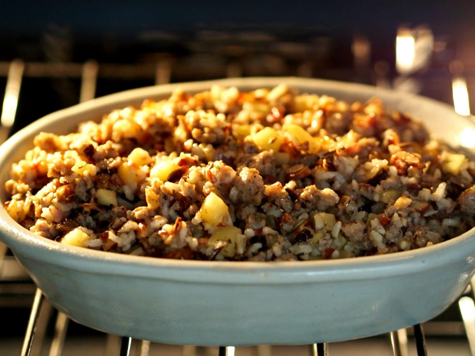 Wild Rice, Jones Sausage & Apple Stuffing is not just for Thanksgiving. Wild rice, sausage, apples, pecans & a splash of Southern Comfort - perfection. simplysated