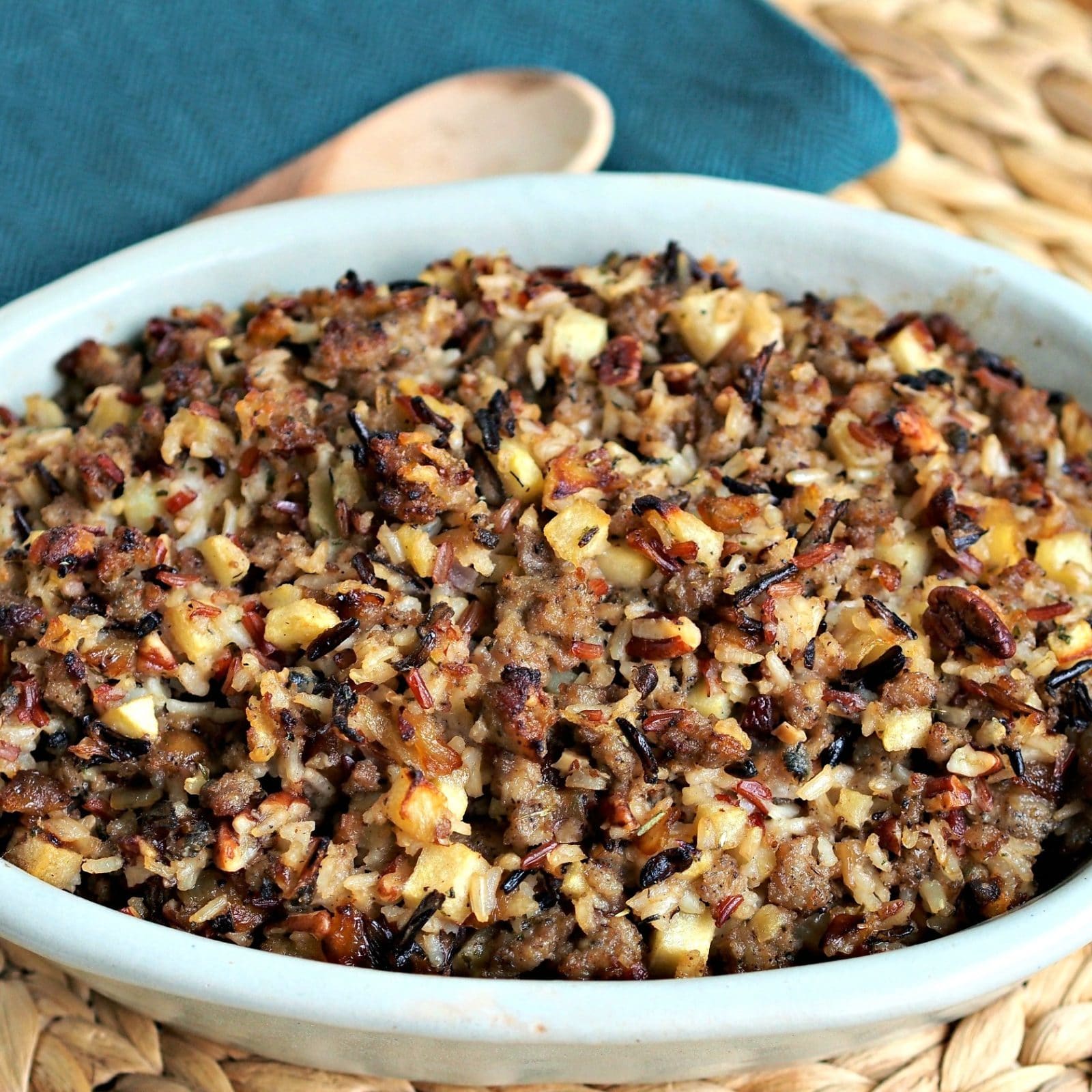 Wild Rice, Jones Sausage & Apple Stuffing is not just for Thanksgiving. Wild rice, sausage, apples, pecans & a splash of Southern Comfort - perfection. simplysated