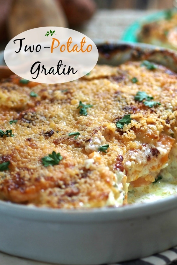 Two-Potato Gratin - Sweet potatoes, Yukon Golds & Gruyere cheese come together to create this delectable dish. Simply Sated