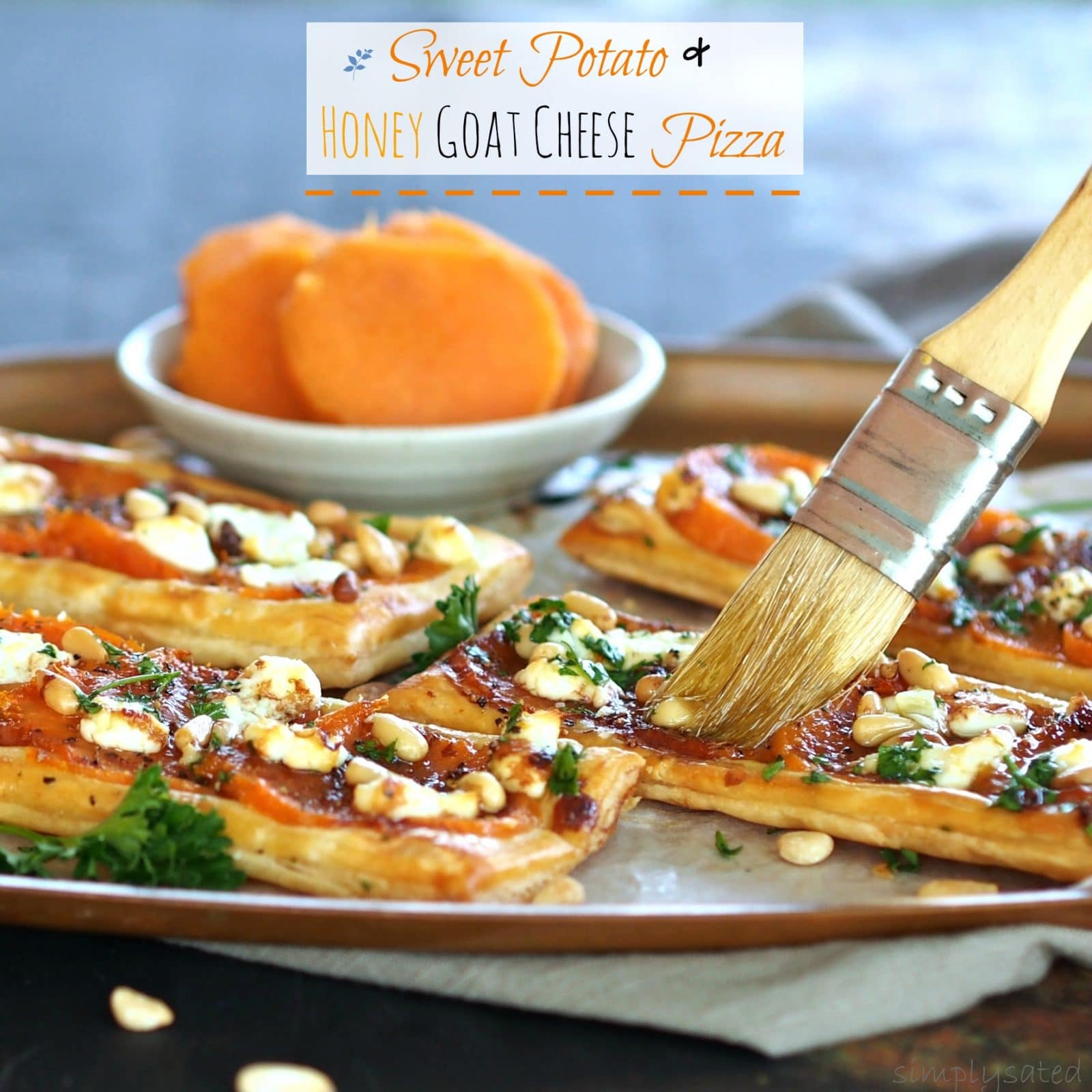 Sweet Potato & Honey Goat Cheese Pizza is just as delicious made with freshly baked sweet potatoes or even leftover sweet potatoes from Thanksgiving.