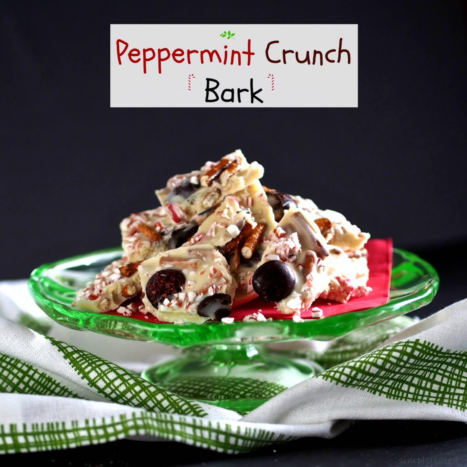 Peppermint Crunch Bark or a party in a pan.  White chocolate, Peppermint Crunch candy peppermints & pretzels.  Once you taste it, you'll want to celebrate. Simply Sated
