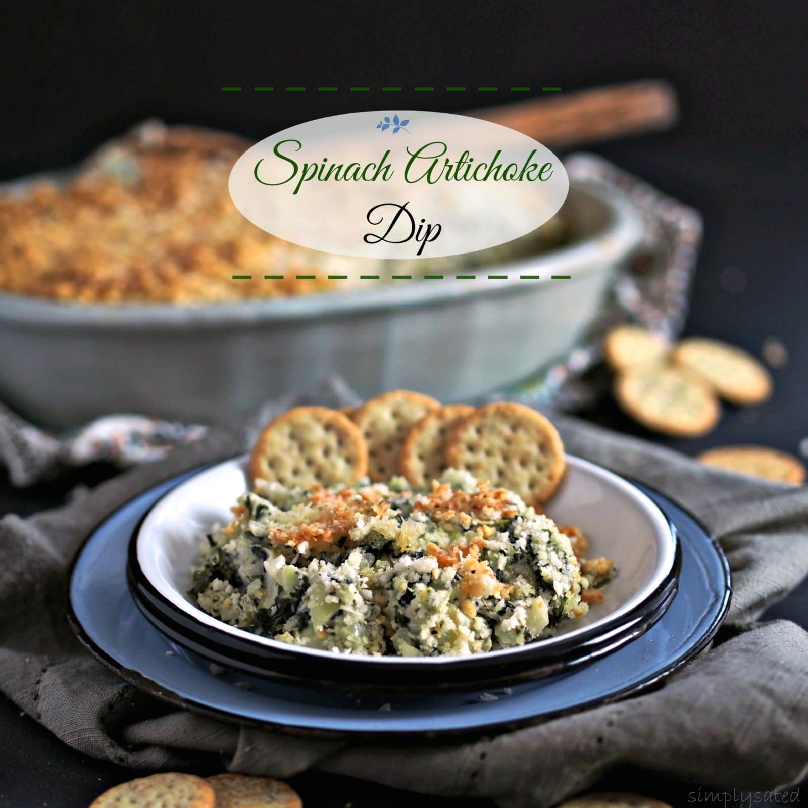 Spinach Artichoke Dip.  A blend of four cheeses, water chestnuts for crunch, a touch of heat with red pepper and lemon juice to brighten things up.  Enjoy! Simply Sated