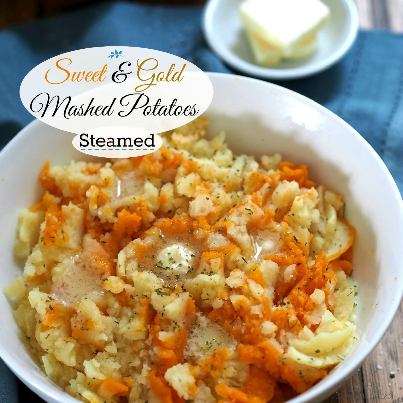 Sweet & Gold Mashed Potatoes. Sweet Potatoes & Yukon Golds are steamed then mixed with butter, salt & pepper - the best mashed potatoes - ever! Simply Sated