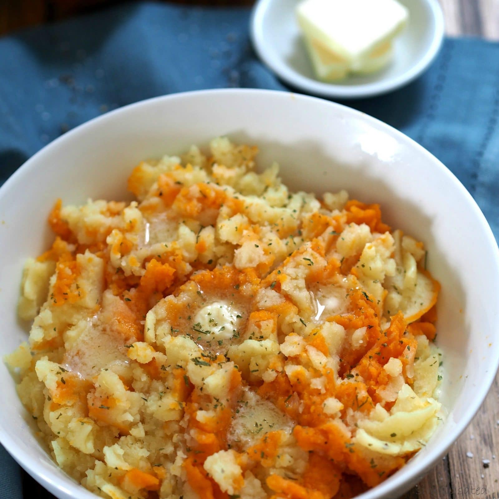 Sweet & Gold Mashed Potatoes. Sweet Potatoes & Yukon Golds are steamed then mixed with butter, salt & pepper - the best mashed potatoes - ever! Simply Sated