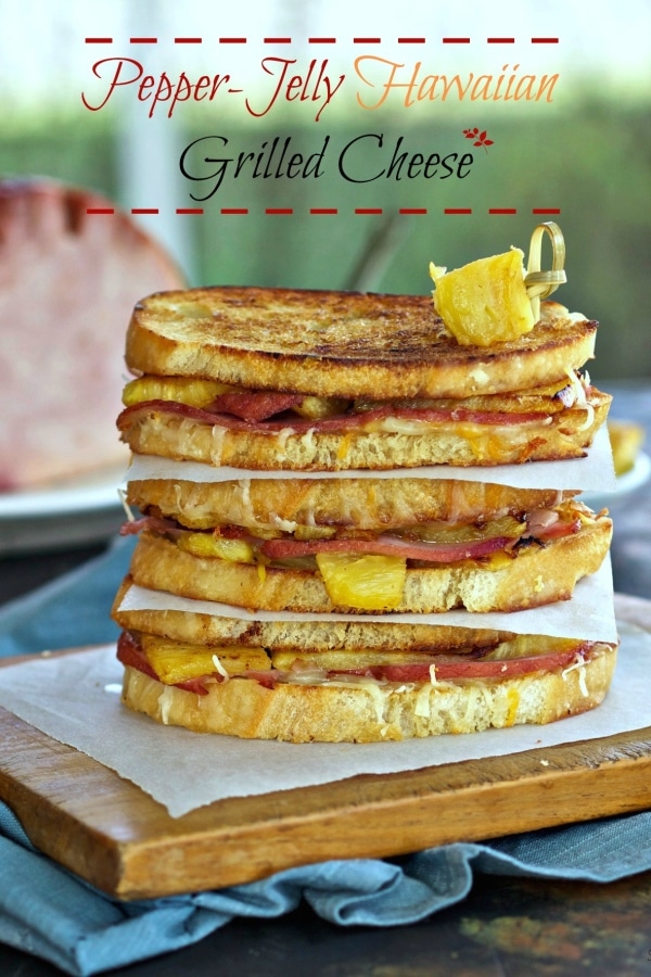Pepper Jelly Hawaiian Grilled Cheese-toasted buttery bread, Gruyere & Mexican cheeses, caramelized fresh pineapple & Jones Dairy Ham with hot pepper jelly. Simply Sated