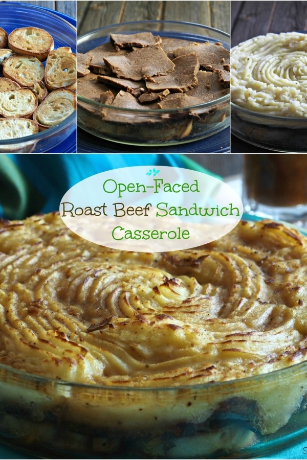 Open-Faced Roast Beef Sandwich Casserole - layers of toasty bread, tender roast beef & creamy, buttery mashed potatoes create this delicious casserole. Simply Sated