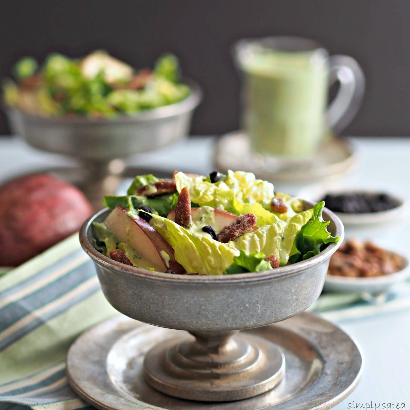 Pecans Blueberries Pears & Greens Salad is fresh, crunchy & flavorful. Top with homemade Basil Green Goddess Dressing to create a goddess-worthy salad. Simply Sated