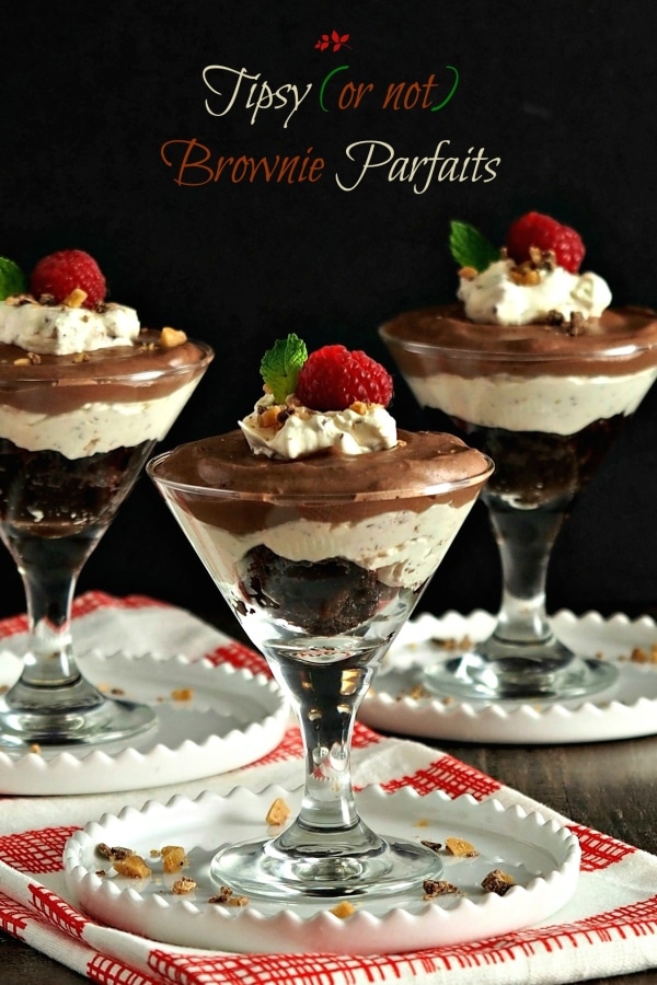 Tipsy (or not) Brownie Parfaits. Layers of Kahlua-soaked brownies, whipped cream with chocolate toffee & chocolate pudding. An easy & elegant dessert. Simply Sated