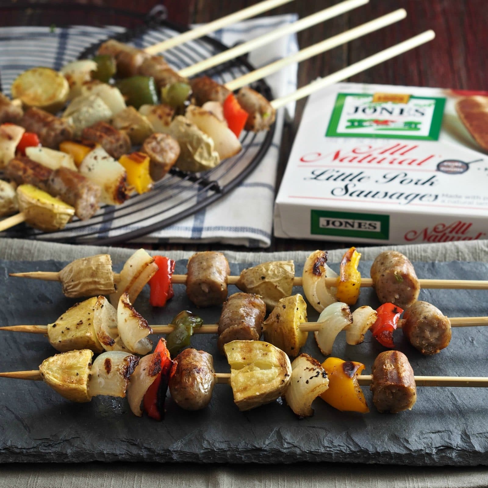 Savory Breakfast Kebabs - Jones Dairy Farm Little Pork Sausages, roasted sweet peppers, onions & peppers threaded on bamboo skewers. Breakfast-on-a-stick. Simply Sated