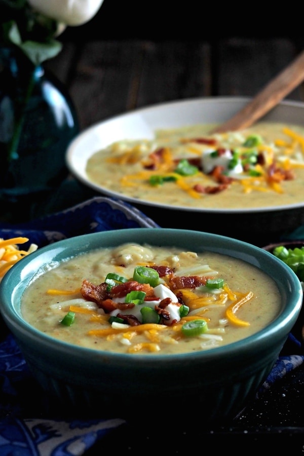 Three-Cheese Baked Potato Soup. THE perfect potato soup with a combination of white cheddar, Colby Jack & Gruyere cheese. This soup is simply the best. Simply Sated