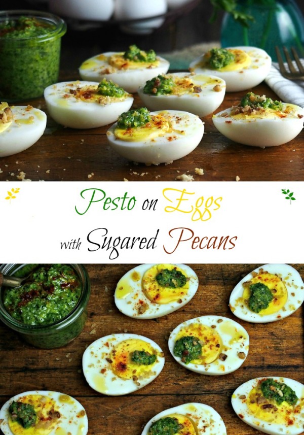 Pesto on Eggs topped with Sugared Pecans is a delicious and beautiful way to serve hard-cooked eggs. Pesto, eggs, smoked paprika, sugared pecans & Panko. Simply Sated