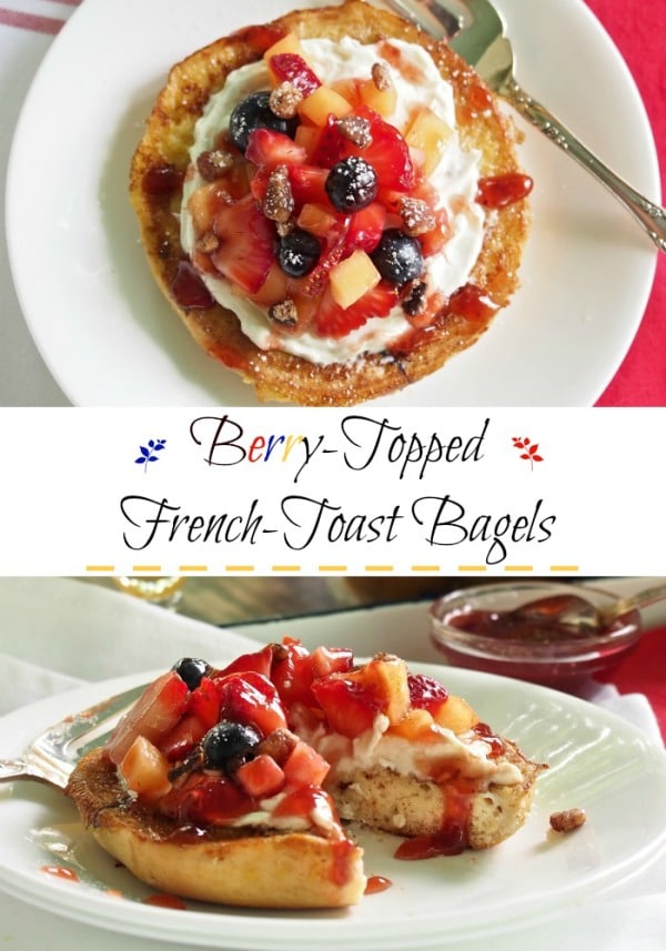 Berry-Topped French Toast Bagels w/Cobblestone Bread Co. Bagels-a great way to start the day. French toasted bagels topped w/fresh berries & cream cheese. Simply Sated