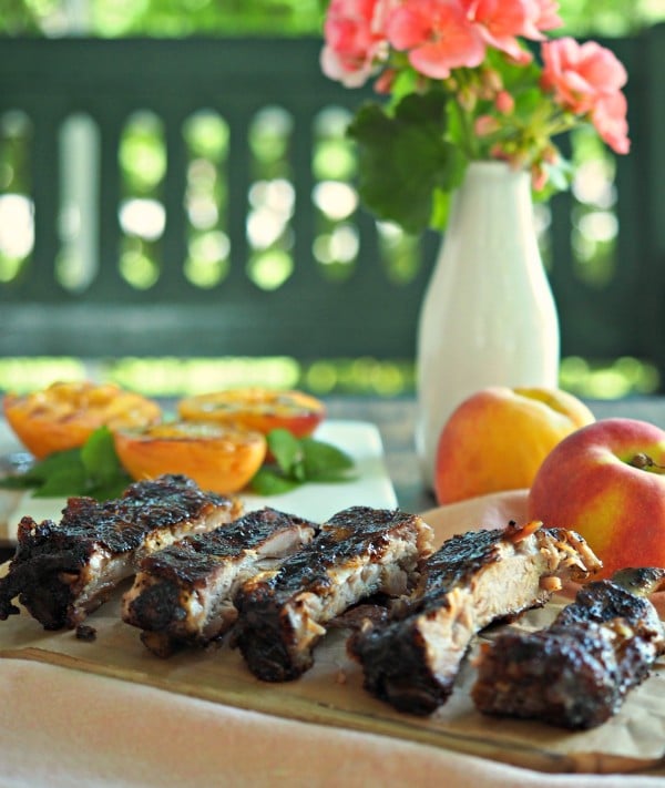 Peach Bourbon Baby Back Ribs. The BEST RIBS EVER!! Perfectly seasoned, fall-off-the-bone, tender ribs baked then grilled with peach bourbon barbecue sauce. Simply Sated