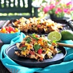 Grilled Tequila Lime Chicken Nachos. Tequila-Lime Chicken ingredients in grilled nacho form: chips, spicy chicken & rice, beans, corn, tomatoes & cheese. Simply Sated