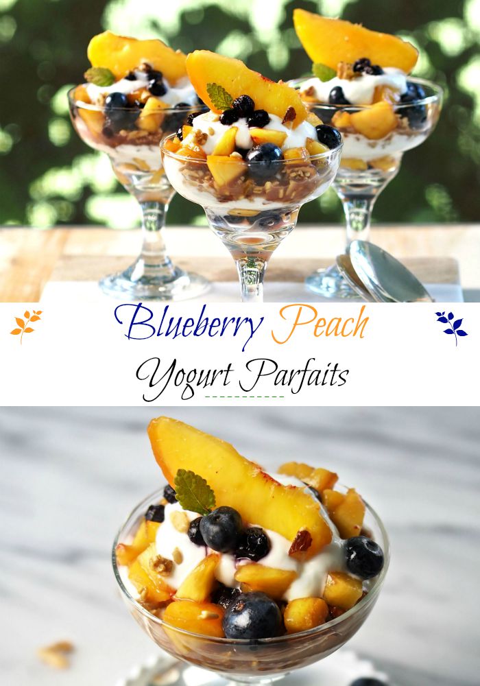 Blueberry Peach Yogurt Parfaits - the perfect healthy breakfast or dessert. Fresh fruit, Greek yogurt, Maple Granola - smooth, naturally sweet & crunchy. Simply Sated