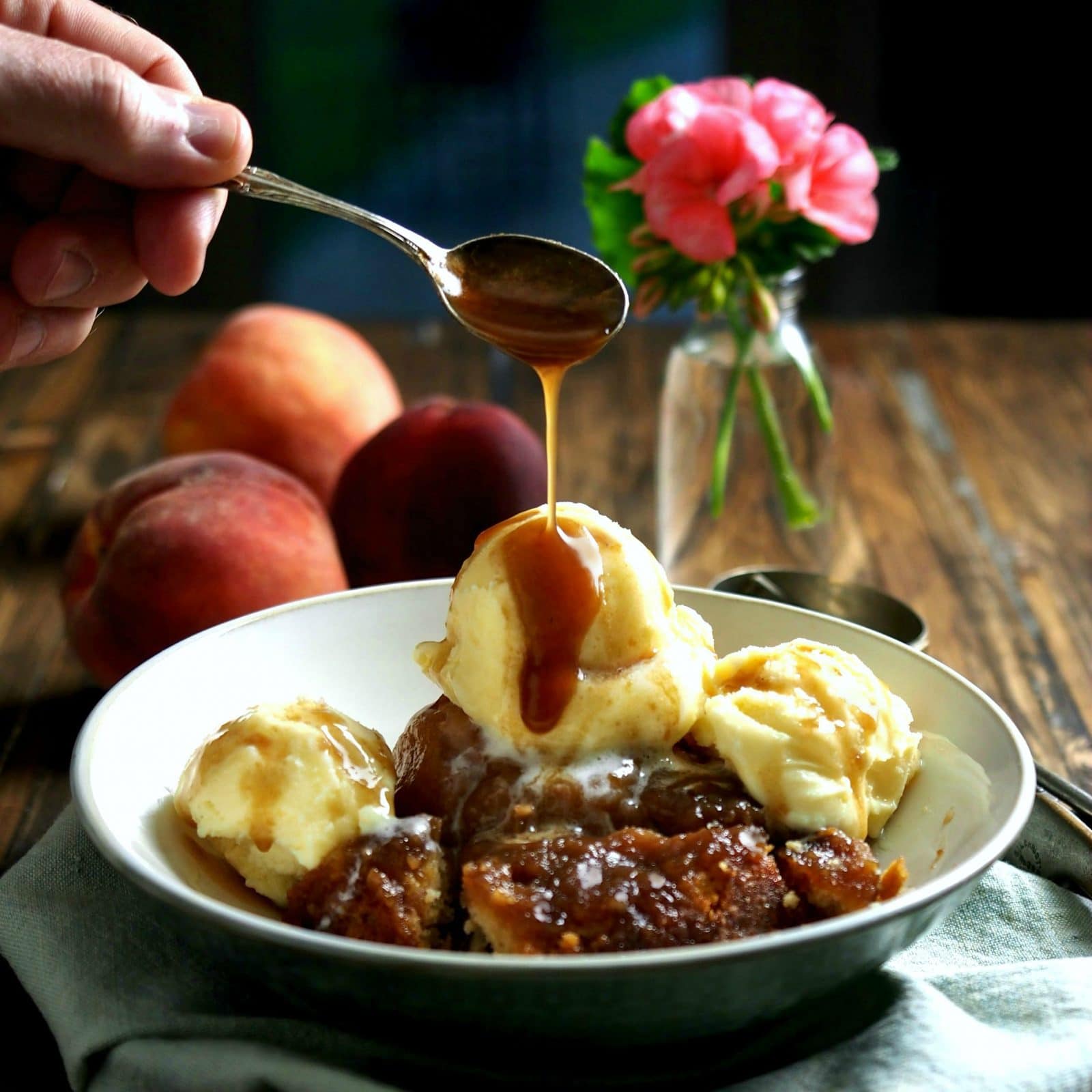 Peach Puzzle is no ordinary cobbler. It is magical and extraordinary w/fresh peaches, spices & a butterscotch sauce surrounded with a sweet buttery crust. Simply Sated