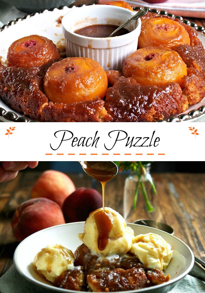 Peach Puzzle is no ordinary cobbler. It is magical and extraordinary w/fresh peaches, spices & a butterscotch sauce surrounded with a sweet buttery crust. Simply Sated