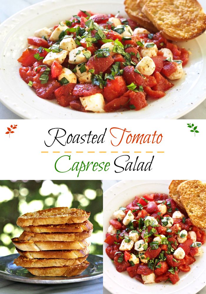 Roasted Tomato Caprese Salad. Roma tomatoes roasted w/olive oil, balsamic, garlic, sugar, salt & pepper then mixed with mozzarella pearls and fresh basil. Simply Sated