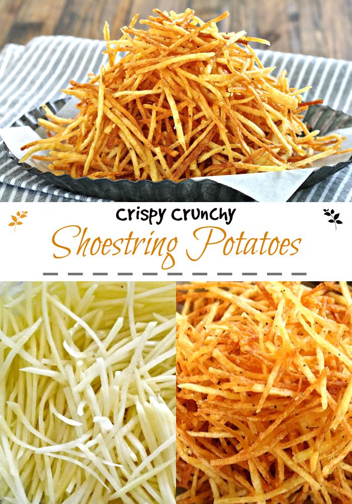 Crispy Crunchy Shoestring Potatoes. Matchstick potatoes deep-fried until golden brown then perfectly seasoned. Simple, delicious and addicting. Simply Sated