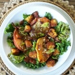 Harvest Pear Salad. Juicy roasted pears, baked cornbread croutons, crispy bacon, toasted sesame seeds & salad greens make a perfect side salad or main dish. Simply Sated