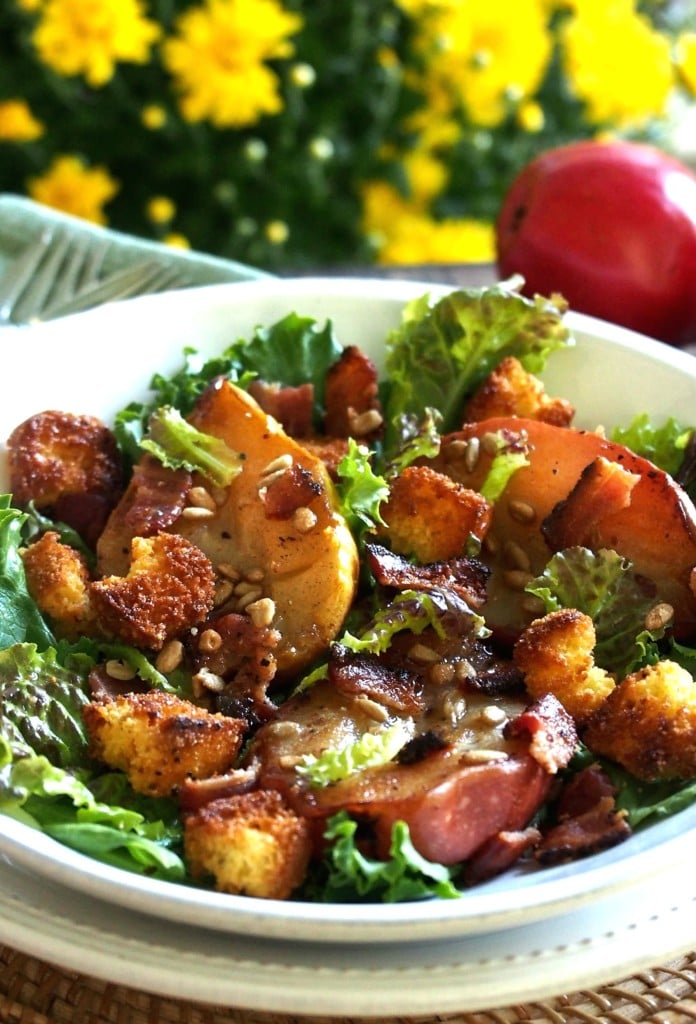 Harvest Pear Salad. Juicy roasted pears, baked cornbread croutons, crispy bacon, toasted sesame seeds & salad greens make a perfect side salad or main dish. Simply Sated