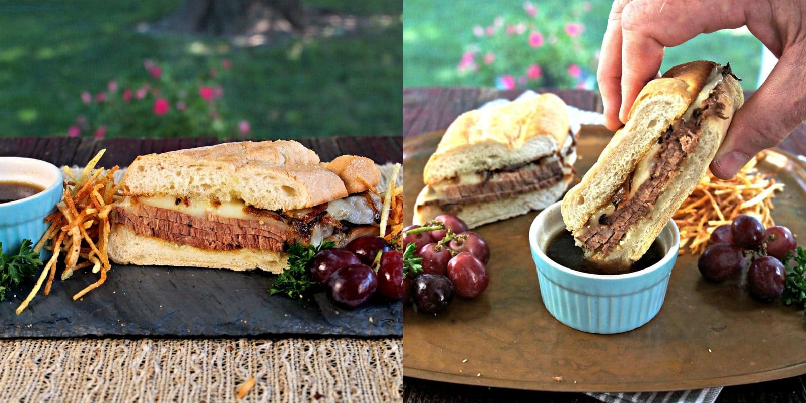 Easy French Dip Sandwiches. Slow-cooked w/seasoned beef broth until tender. Served with melted cheese & crispy shallots on buttered, toasted buns w/au jus. Simply Sated