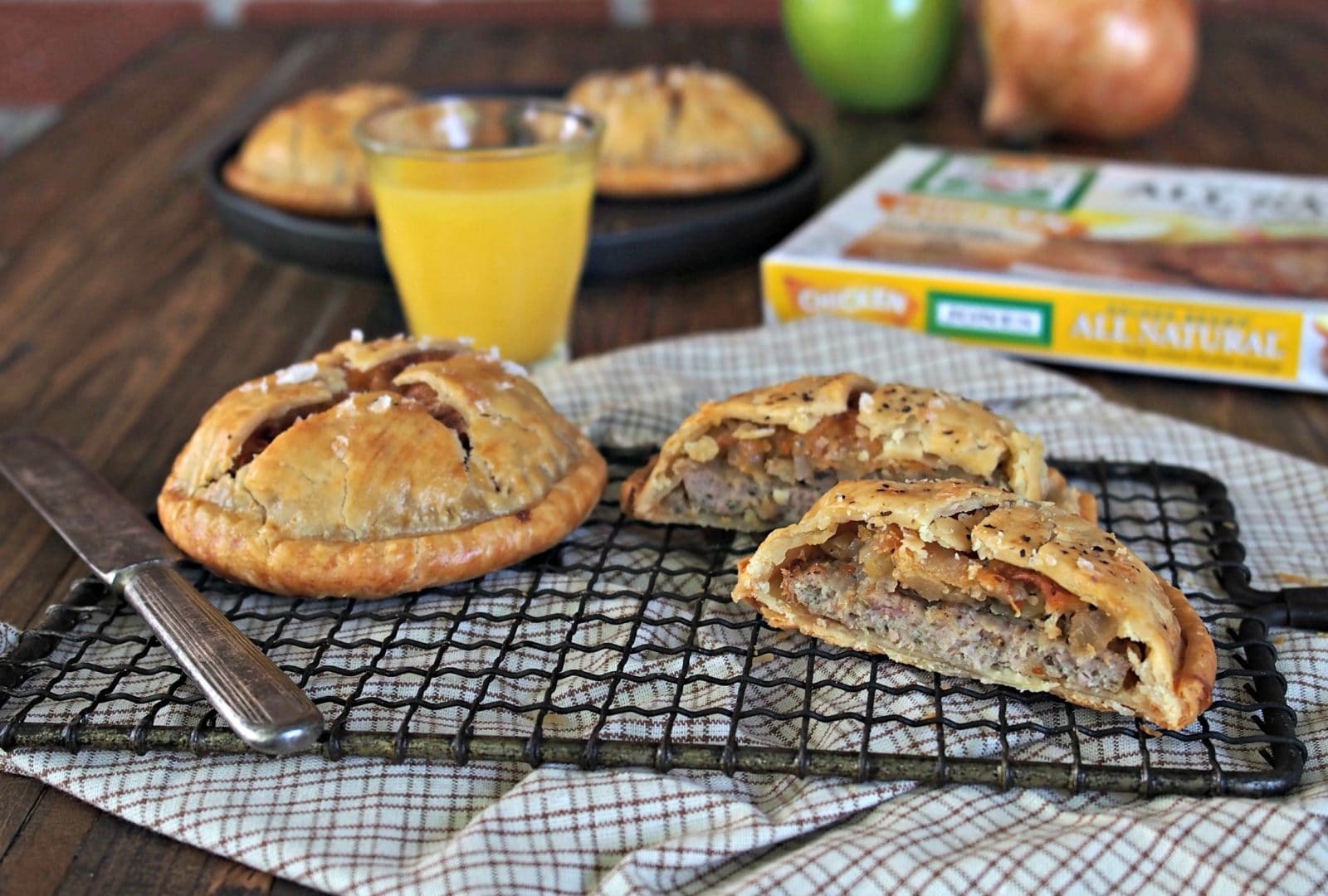 Chicken Sausage Hand Pies. Simply delicious. Jones Dairy Chicken Sausage Patties, apples & onions in mini pie form. A terrific breakfast for any morning. Simply Sated