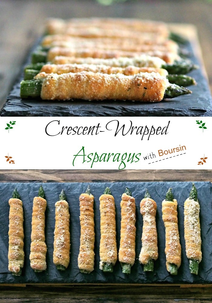 Crescent-Wrapped Asparagus. Asparagus wrapped with crescent rolls spread with Boursin Cheese then baked. Healthy, easy side, appetizer or snack. Simply Sated