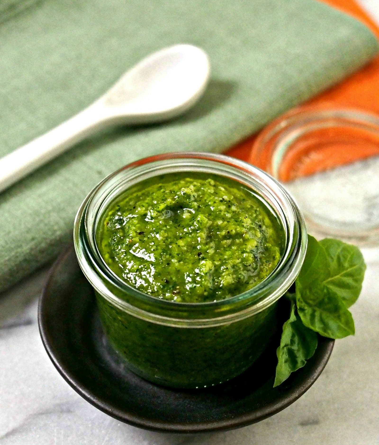 Parsley Pesto Made in Marble Mortar, Dishes