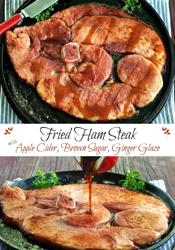 Fried Ham Steak with Apple Cider, Brown Sugar, Ginger Glaze - a simple, flavorful, 15-minute, one-skillet meal. Use glaze with any pork, ham or poultry. Simply Sated