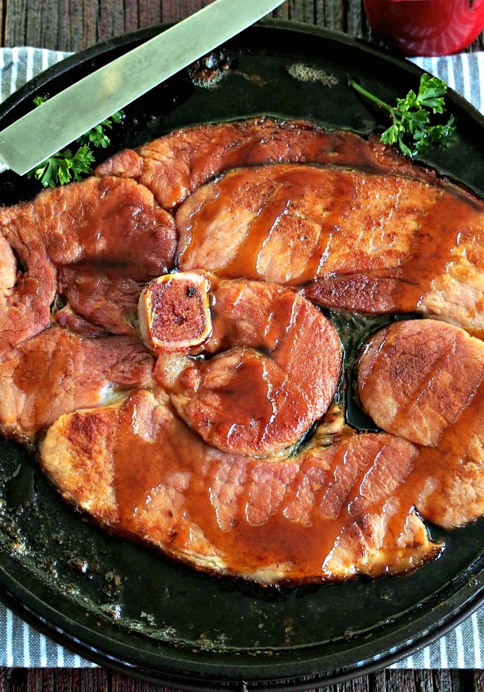 Fried Ham Steak with Apple Cider, Brown Sugar, Ginger Glaze - a simple, flavorful, 15-minute, one-skillet meal. Use glaze with any pork, ham or poultry. Simply Sated