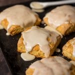 Maple Oat Scones. A slightly sweet, crunchy (on the outside), tender (on the inside) scone filled with oats and topped with maple glaze. Simply Sated