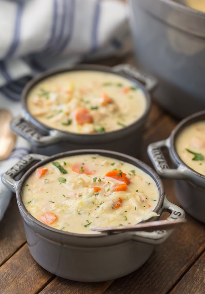 Creamy Chicken Soup. Tender chicken, aromatic vegetables and herbs, cream, a splash of wine topped with a touch of nutty Gruyere. The ultimate comfort food. Simply Sated