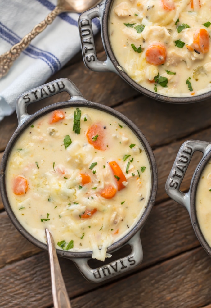 Creamy Chicken Soup. Tender chicken, aromatic vegetables and herbs, cream, a splash of wine topped with a touch of nutty Gruyere. The ultimate comfort food. Simply Sated