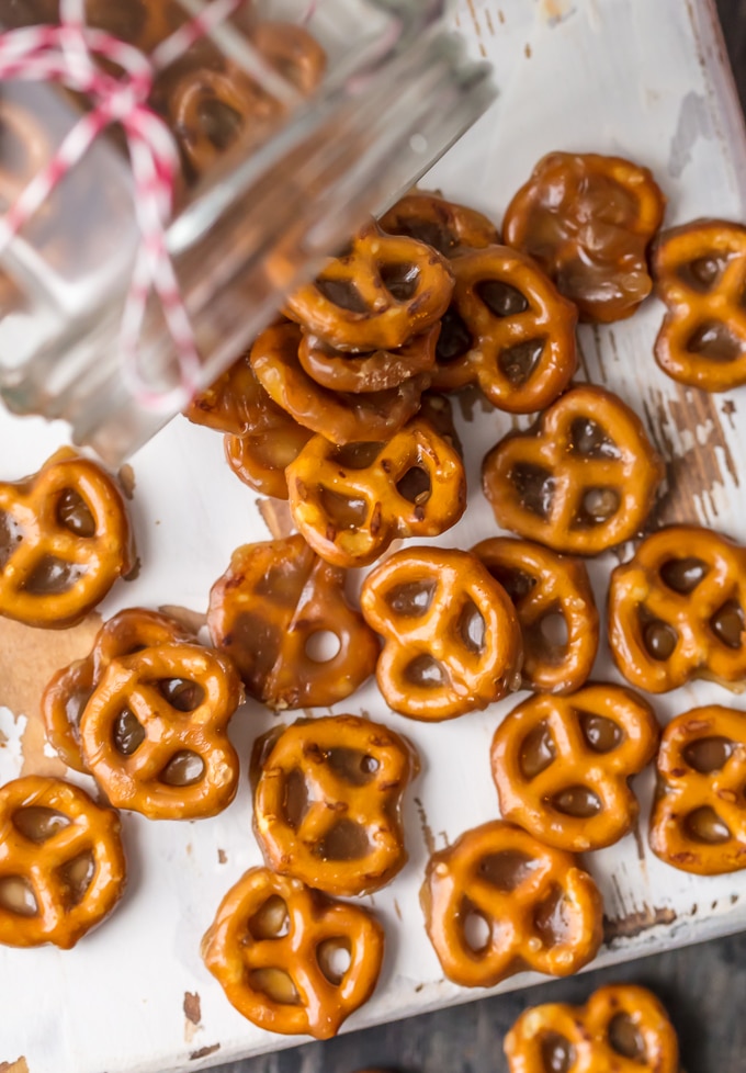 Butter Toffee Pretzels. Mini pretzels dipped in butter toffee. The perfect sweet & salty treat to satisfy everyone's sweet & salty craving. Easy & addicting. Simply Sated
