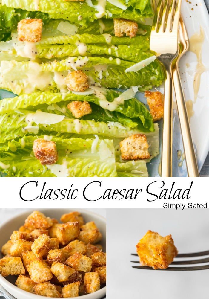 Classic Caesar Salad - there is so much to love. Crispy and leafy romaine lettuce, freshly shredded Parmigiano-Reggiano cheese & freshly ground black pepper, Homemade Garlic Parmesan Croutons drizzled with a creamy, umami-flavored dressing. This is the ultimate Classic Caesar Salad. Simply Sated