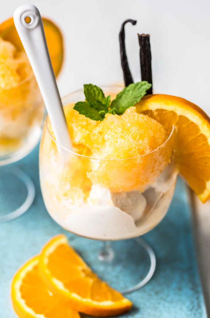 Orange Creamsicle Granita-made w/freshly squeezed orange juice, a touch of sugar & vanilla ice cream. It's even better than an ice cream truck Creamsicle. Simply Sated