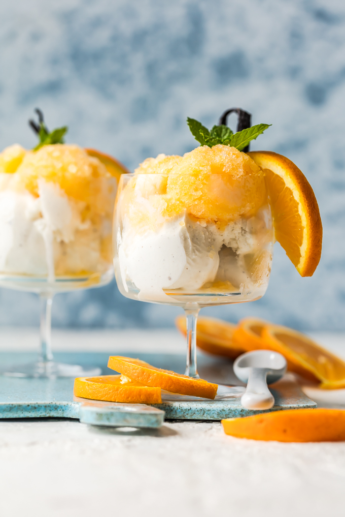 Orange Creamsicle Granita-made w/freshly squeezed orange juice, a touch of sugar & vanilla ice cream. It's even better than an ice cream truck Creamsicle. Simply Sated