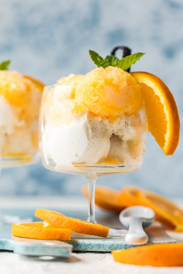 Orange Creamsicle Granita-made w/freshly squeezed orange juice, a touch of sugar & vanilla ice cream. It's even better than an ice cream truck Creamsicle. Simply Sated