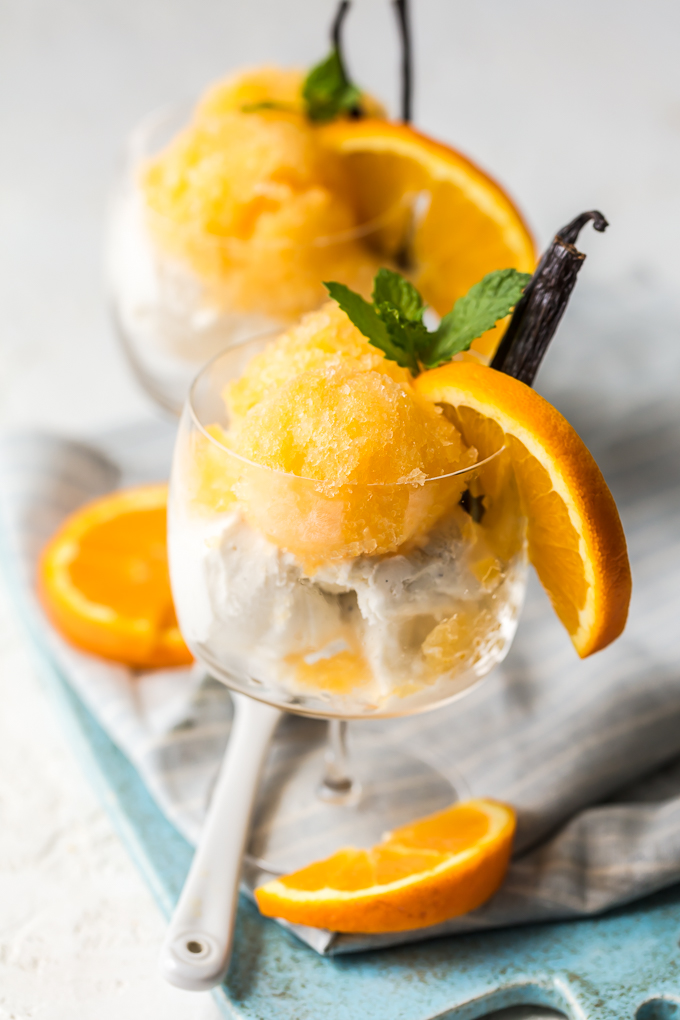 Orange Creamsicle Granita-made w/freshly squeezed orange juice, a touch of sugar & vanilla ice cream. It's even better than an ice cream truck Creamsicle. Simply Sated